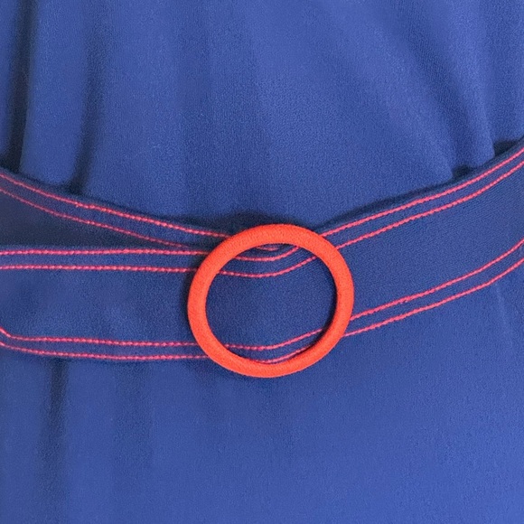 VINTAGE RENOWN Blue Red Midi Dress Belt Size S M 70’s 60’s Sleeveless Party Work - Picture 5 of 7